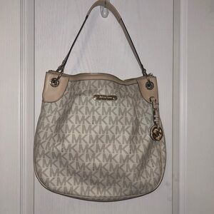 Michael Kors Cream Monogram Shoulder Bag with Gold Accents
